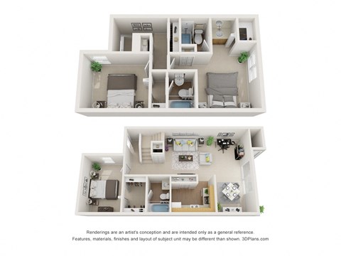 a stylized image of a 1 bedroom floor plan and a 2100 sq ft apartment